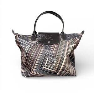Longchamp Le Pliage Printed Geometric Nylon Tote | Black Leather Trim